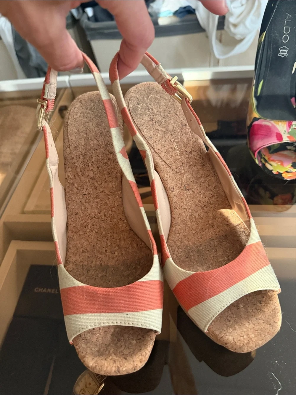 Striped Orange & Cream Cork Wedge Peep-Toe Sandals - 8